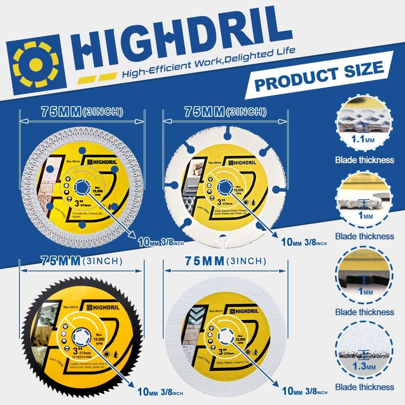 HIGHDRIL 3" 75mm Circular Saw Blade Set 4pcs - Diamond/HSS/Carbide Cutting Disc for Angle Grinder Cutting Soft Metal Copper Aluminum Tile Marble Granite Plastic Wood Glass - Image 2